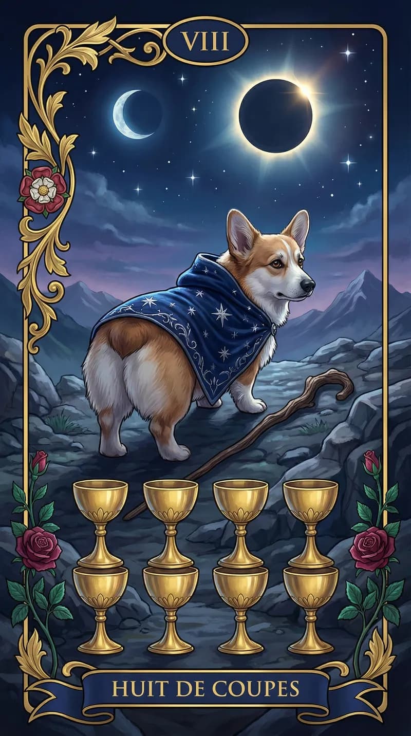 Carte de tarot Huit de Coupes issue d'un jeu d'exemple personnalisé