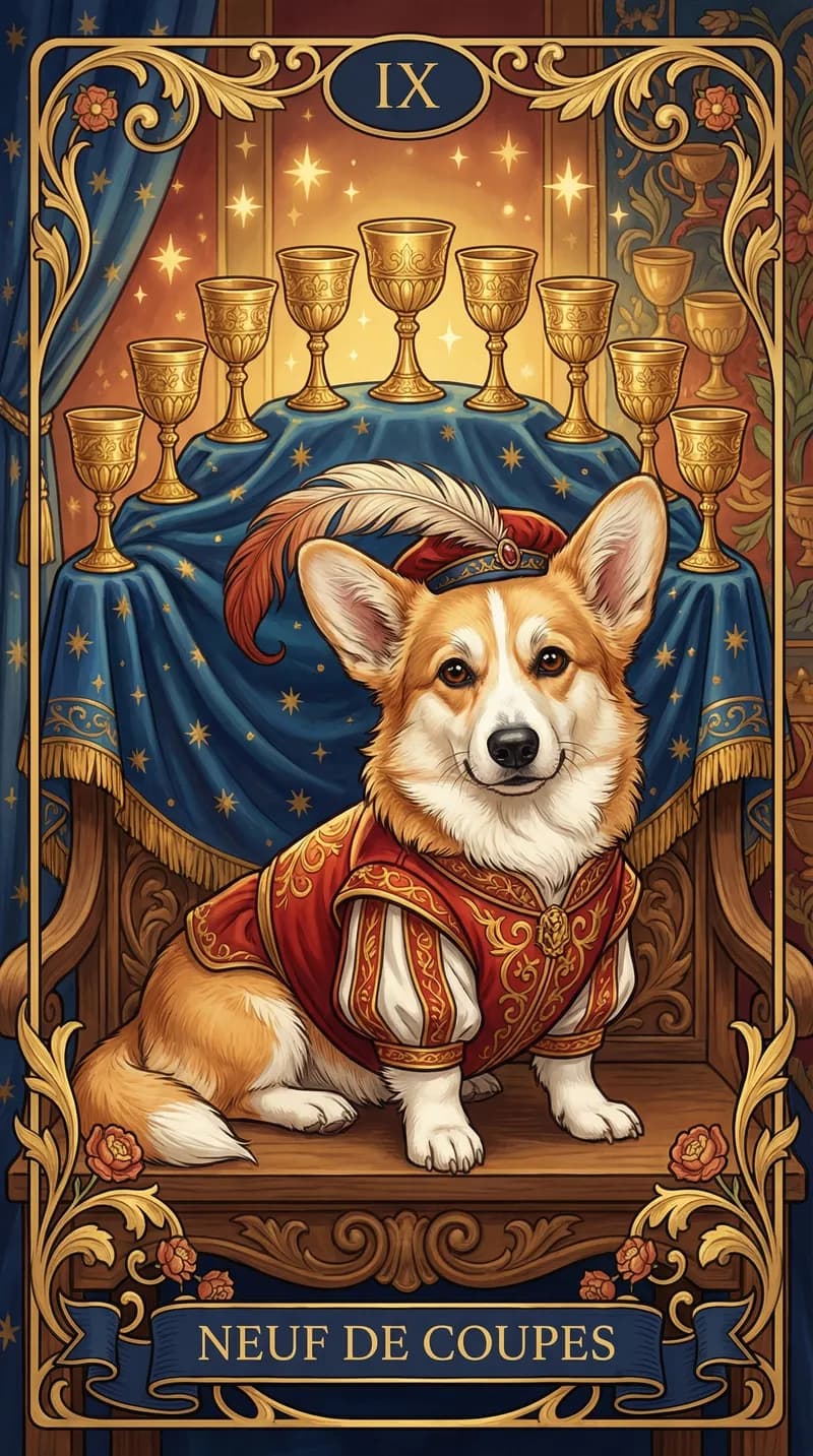 Carte de tarot Neuf de Coupes issue d'un jeu d'exemple personnalisé