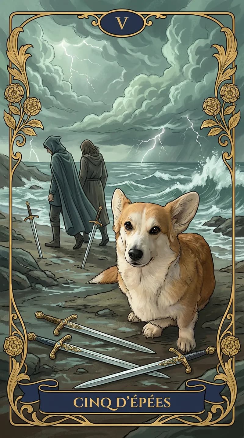 Carte de tarot Cinq d'Épées issue d'un jeu d'exemple personnalisé