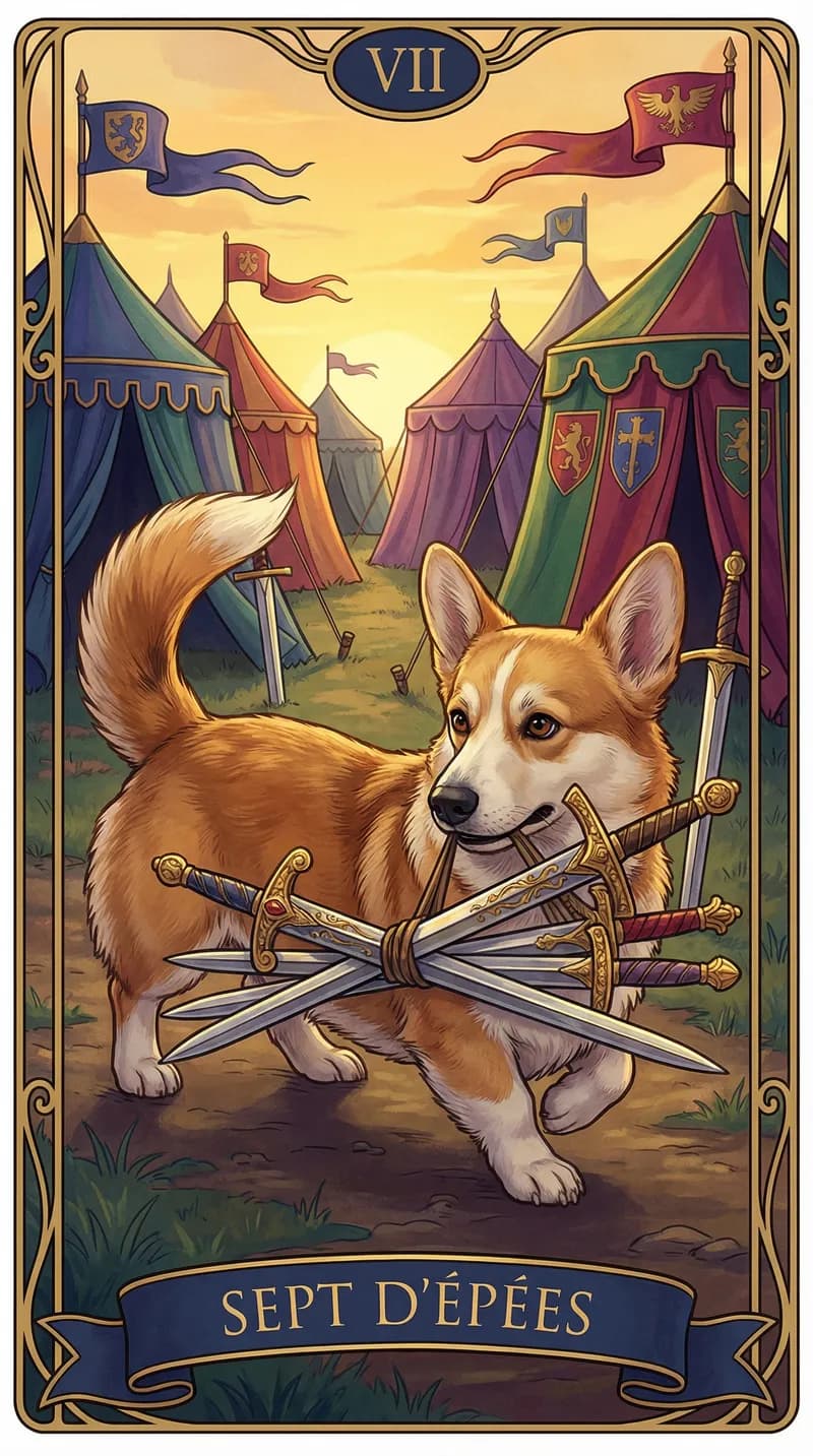 Carte de tarot Sept d'Épées issue d'un jeu d'exemple personnalisé