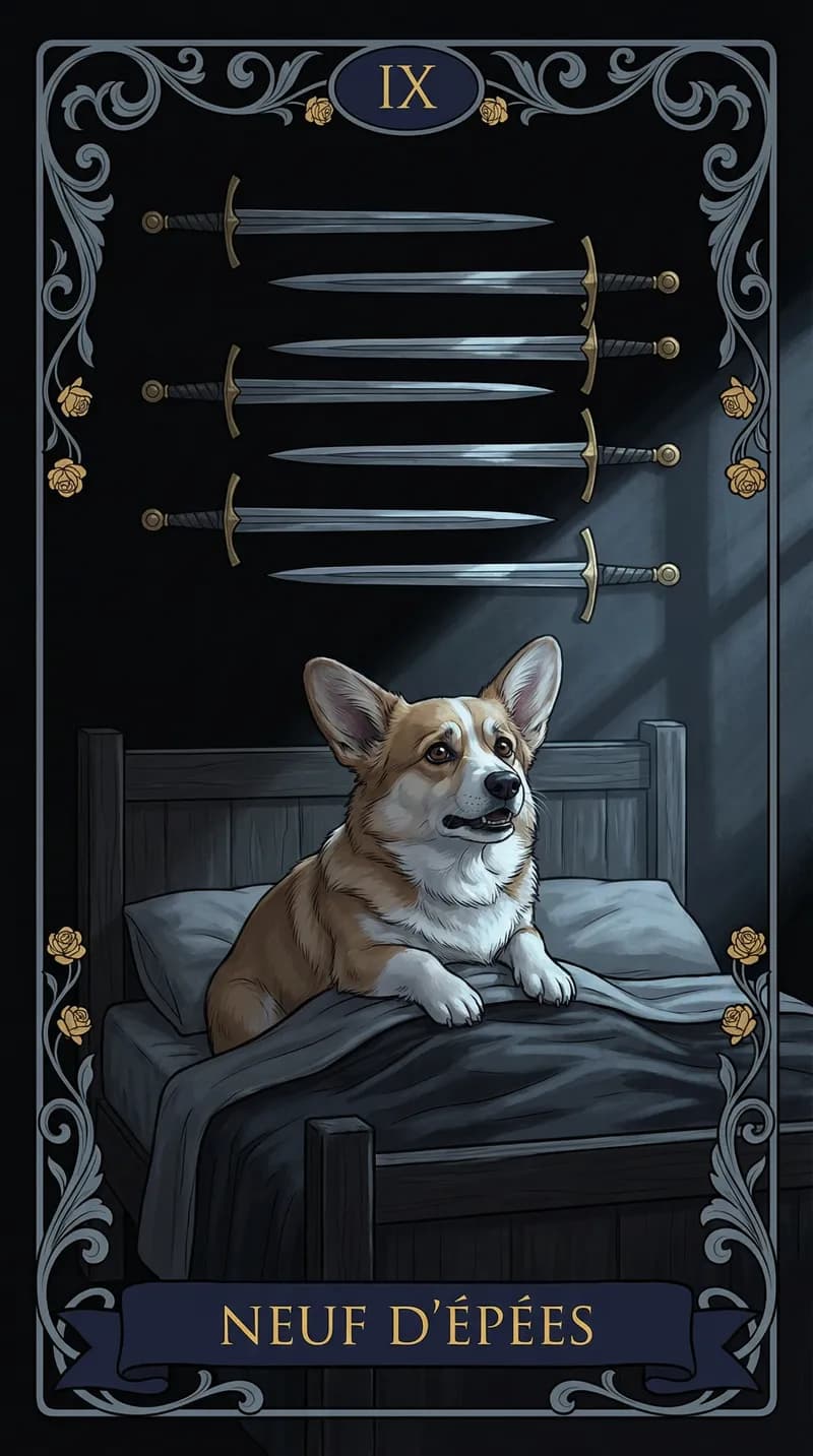 Carte de tarot Neuf d'Épées issue d'un jeu d'exemple personnalisé