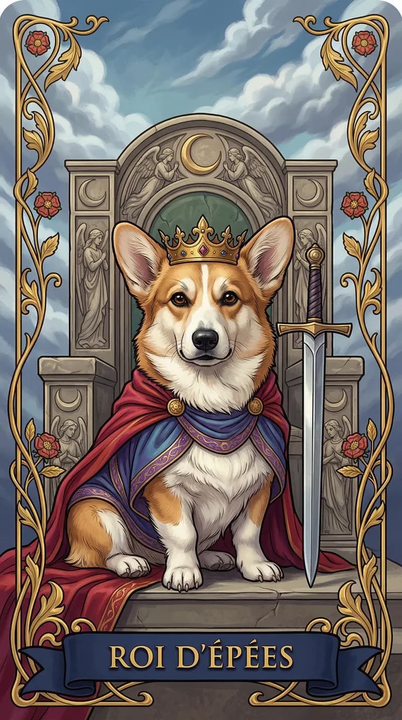 Carte de tarot Roi d'Épées issue d'un jeu d'exemple personnalisé
