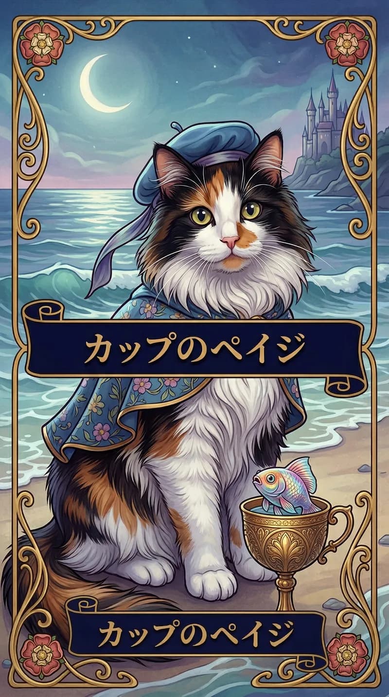 パーソナライズされたサンプルデッキのカップのペイジのタロットカード