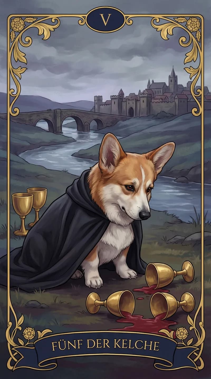 Tarotkarte Fünf der Kelche aus einem personalisierten Beispieldeck
