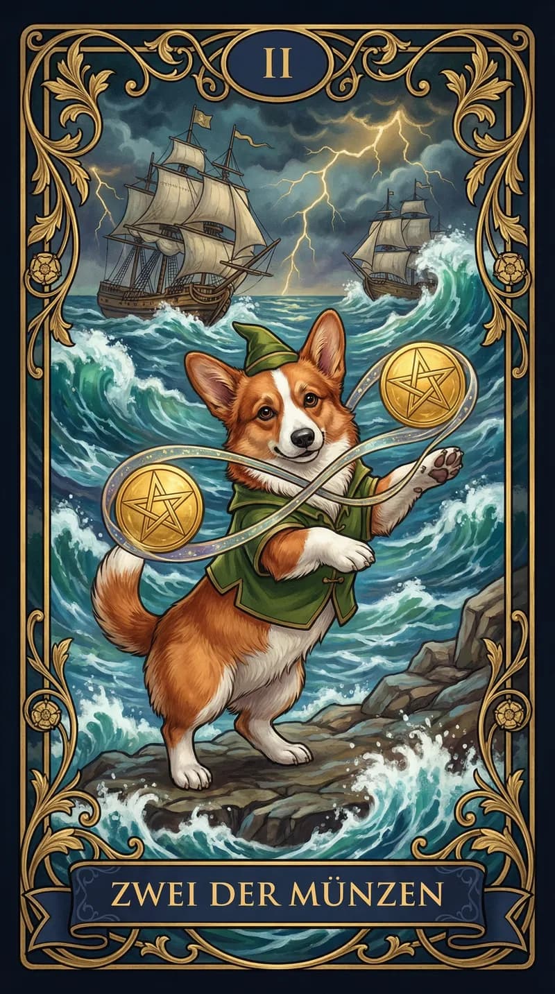 Tarotkarte Zwei der Münzen aus einem personalisierten Beispieldeck
