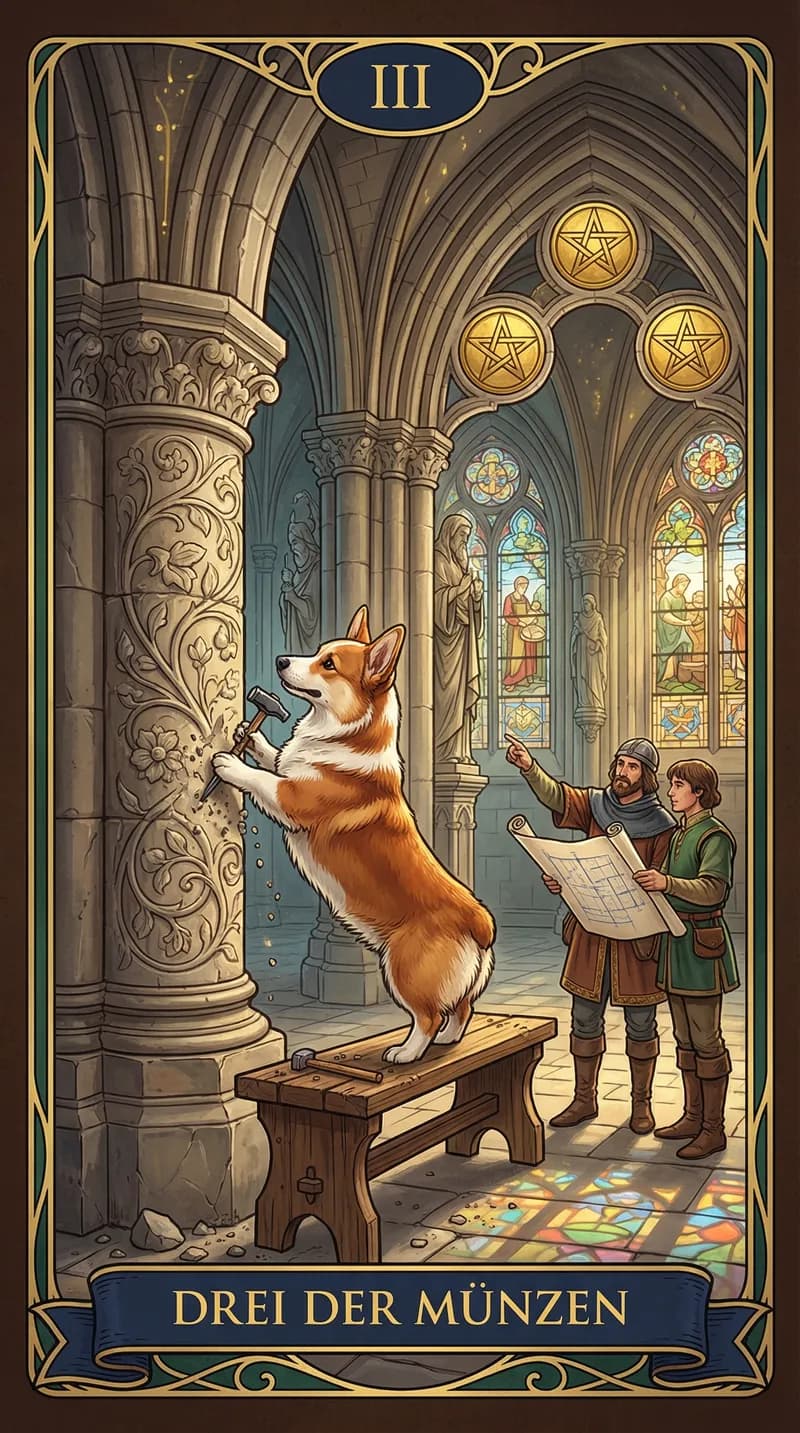 Tarotkarte Drei der Münzen aus einem personalisierten Beispieldeck