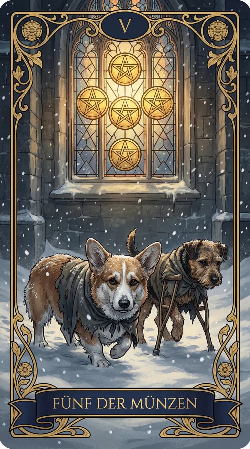 Tarotkarte Fünf der Münzen aus einem personalisierten Beispieldeck