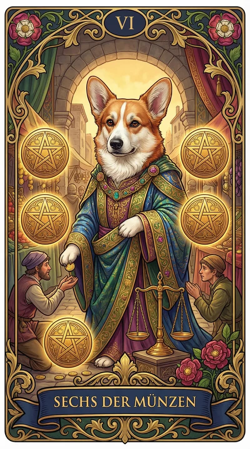 Tarotkarte Sechs der Münzen aus einem personalisierten Beispieldeck