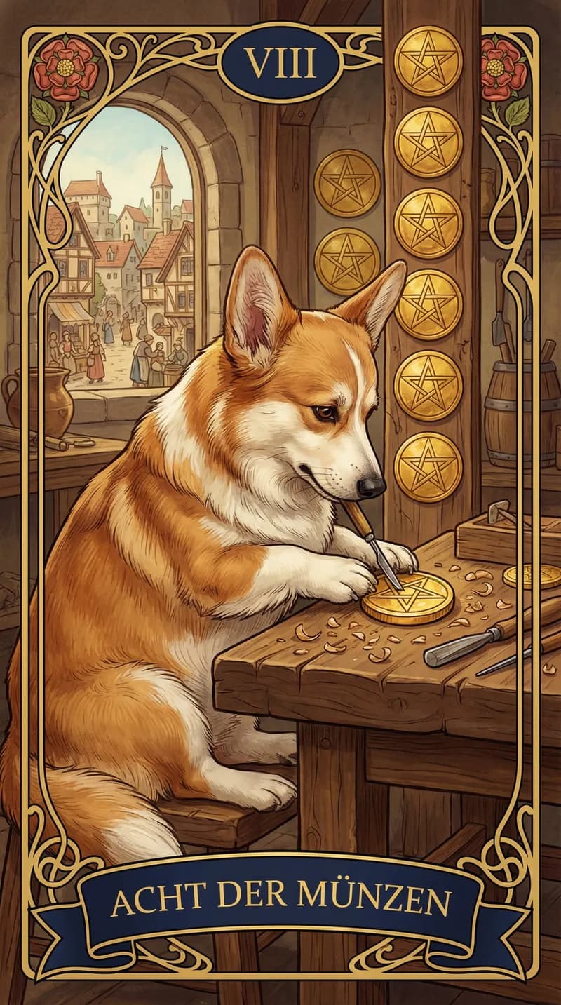 Tarotkarte Acht der Münzen aus einem personalisierten Beispieldeck