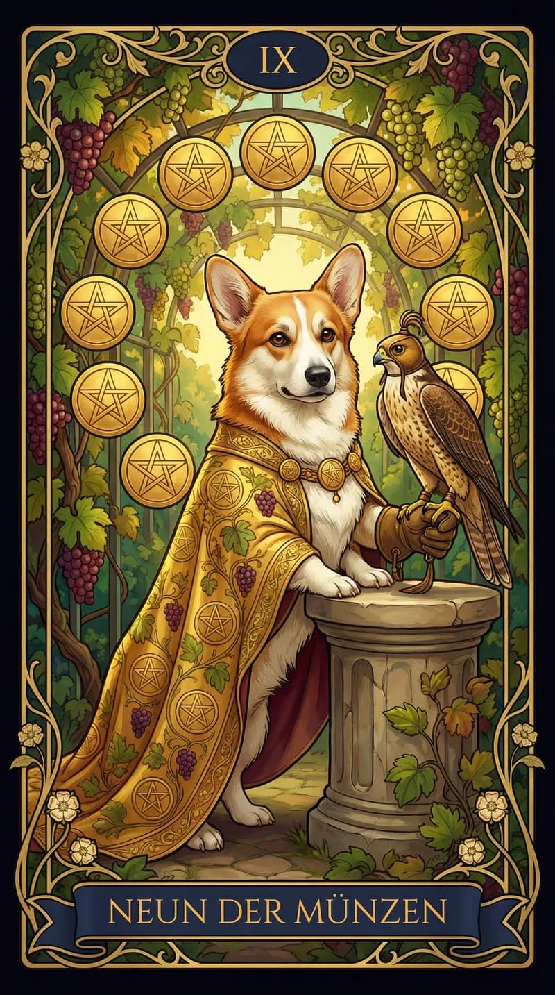 Tarotkarte Neun der Münzen aus einem personalisierten Beispieldeck
