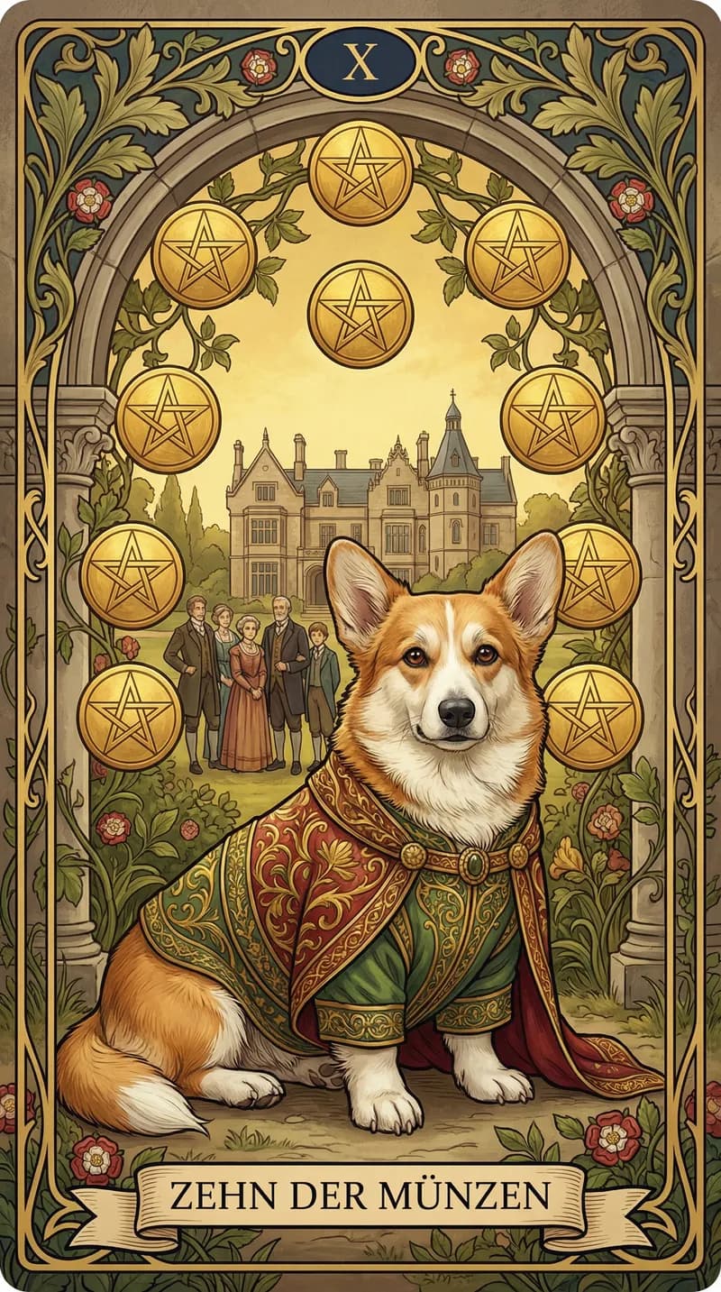 Tarotkarte Zehn der Münzen aus einem personalisierten Beispieldeck