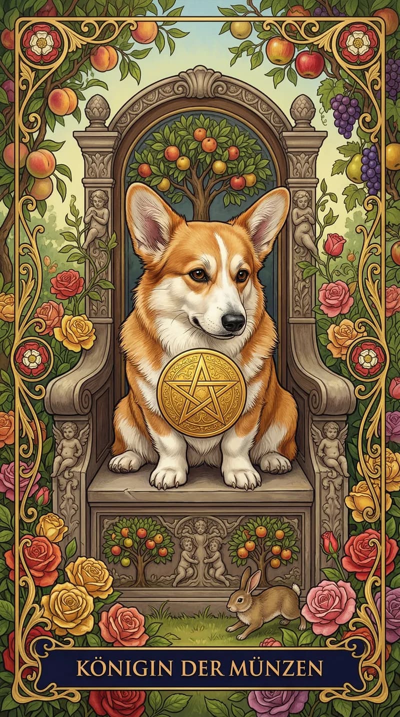 Tarotkarte Königin der Münzen aus einem personalisierten Beispieldeck
