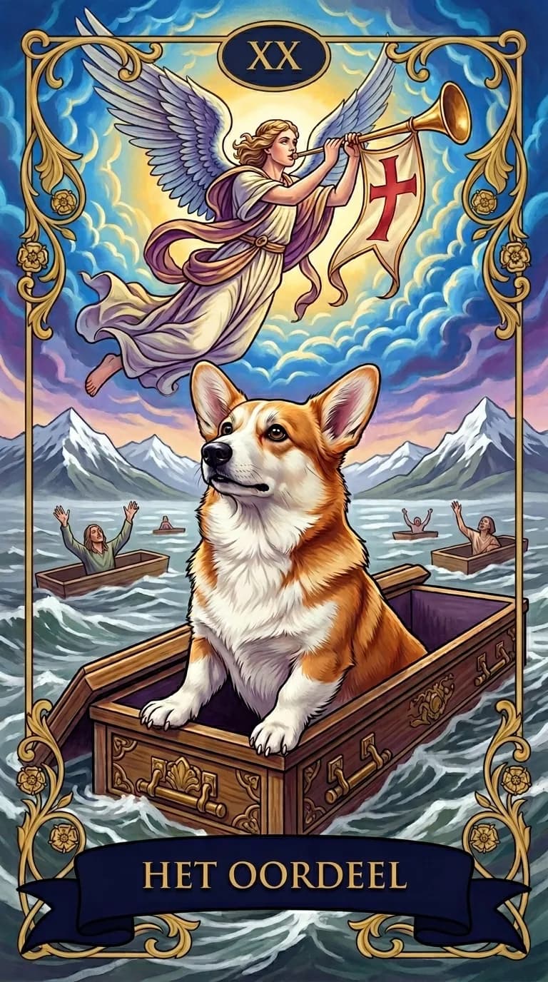 Tarotkaart Het Oordeel uit een gepersonaliseerd voorbeelddeck