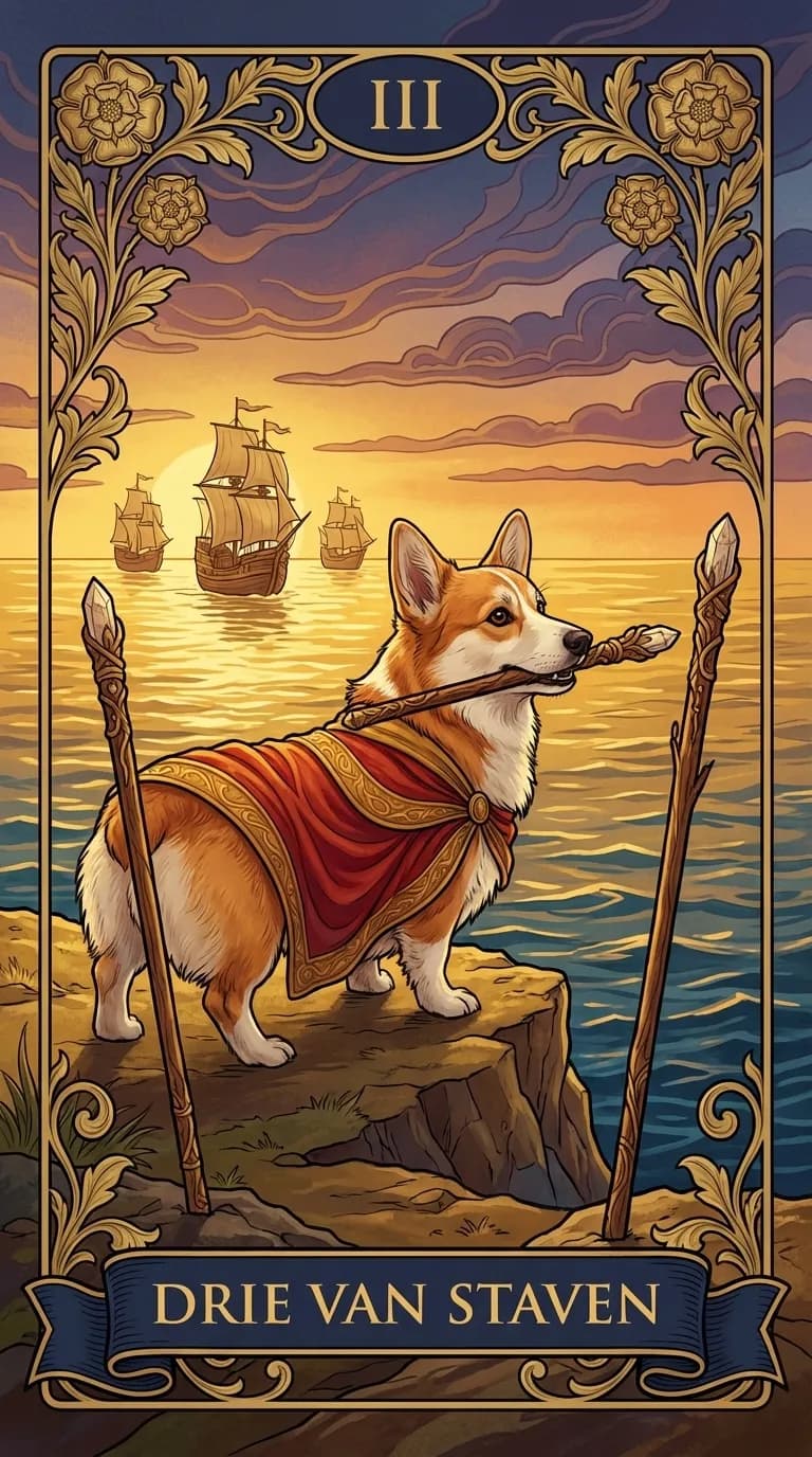 Tarotkaart Drie van Staven uit een gepersonaliseerd voorbeelddeck