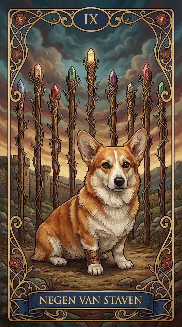 Tarotkaart Negen van Staven uit een gepersonaliseerd voorbeelddeck