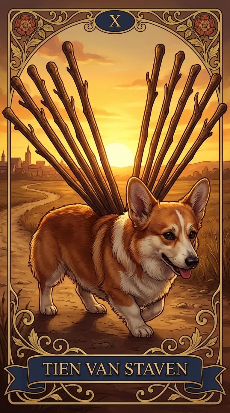 Tarotkaart Tien van Staven uit een gepersonaliseerd voorbeelddeck