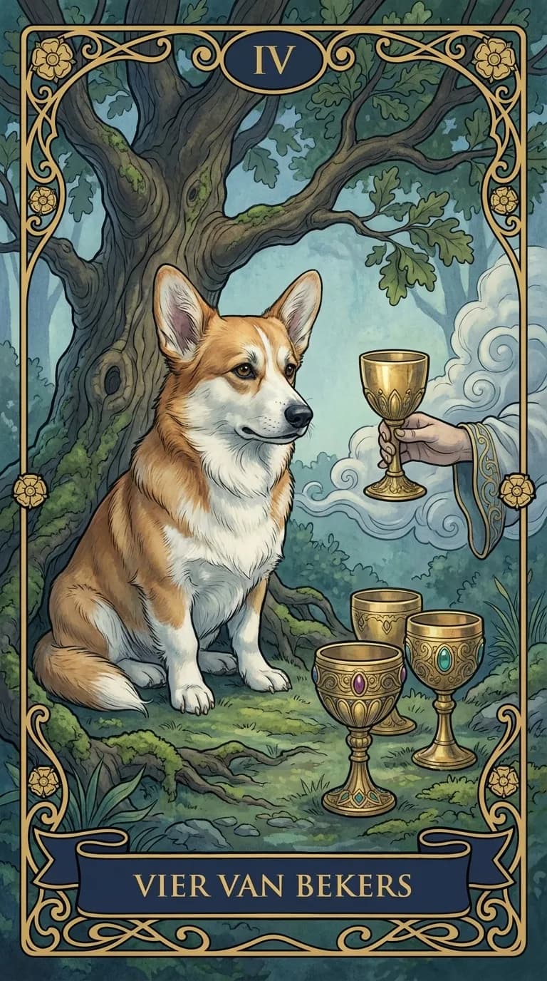Tarotkaart Vier van Bekers uit een gepersonaliseerd voorbeelddeck