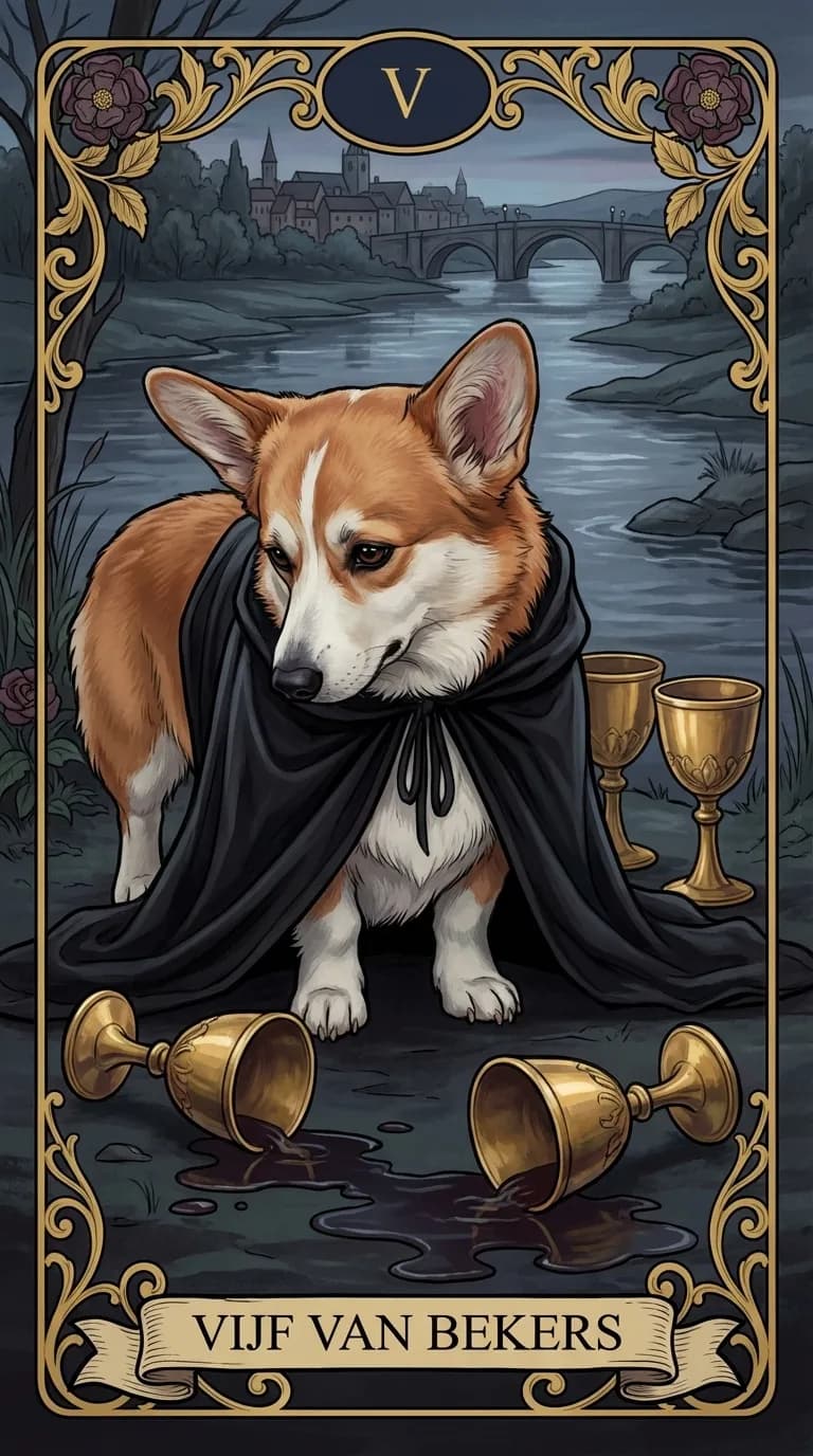 Tarotkaart Vijf van Bekers uit een gepersonaliseerd voorbeelddeck