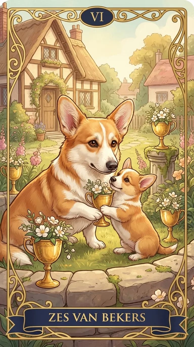 Tarotkaart Zes van Bekers uit een gepersonaliseerd voorbeelddeck