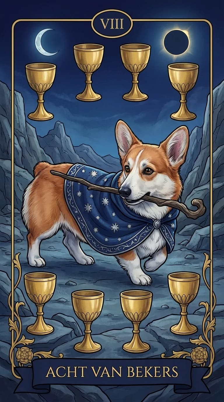 Tarotkaart Acht van Bekers uit een gepersonaliseerd voorbeelddeck