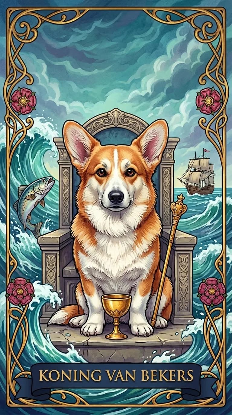 Tarotkaart Koning van Bekers uit een gepersonaliseerd voorbeelddeck