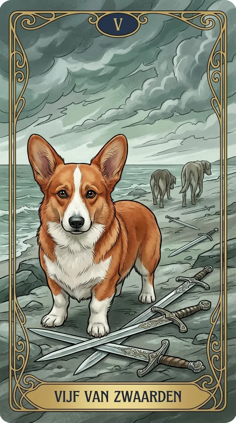 Tarotkaart Vijf van Zwaarden uit een gepersonaliseerd voorbeelddeck