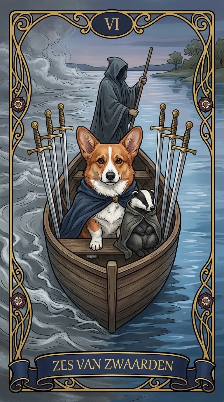 Tarotkaart Zes van Zwaarden uit een gepersonaliseerd voorbeelddeck