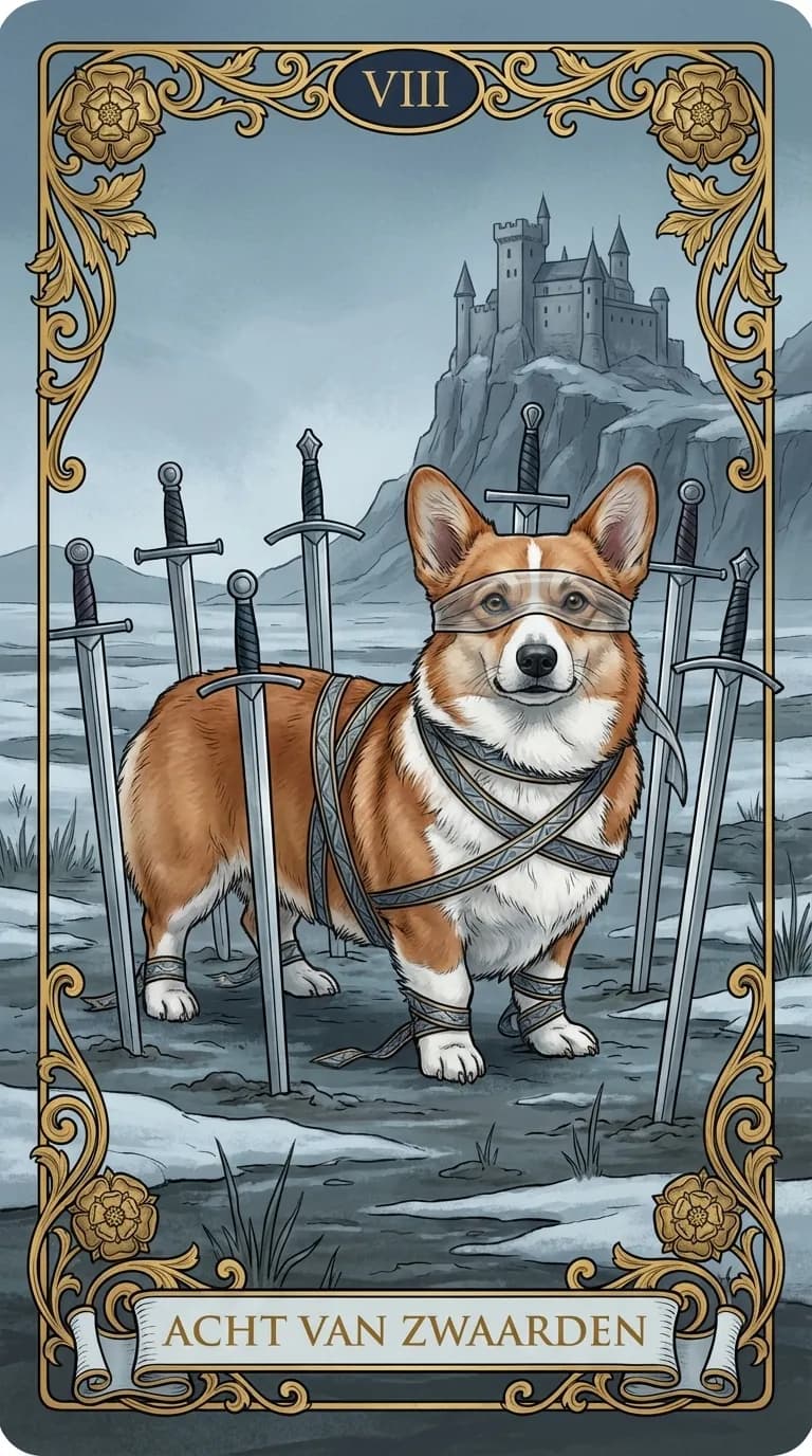 Tarotkaart Acht van Zwaarden uit een gepersonaliseerd voorbeelddeck