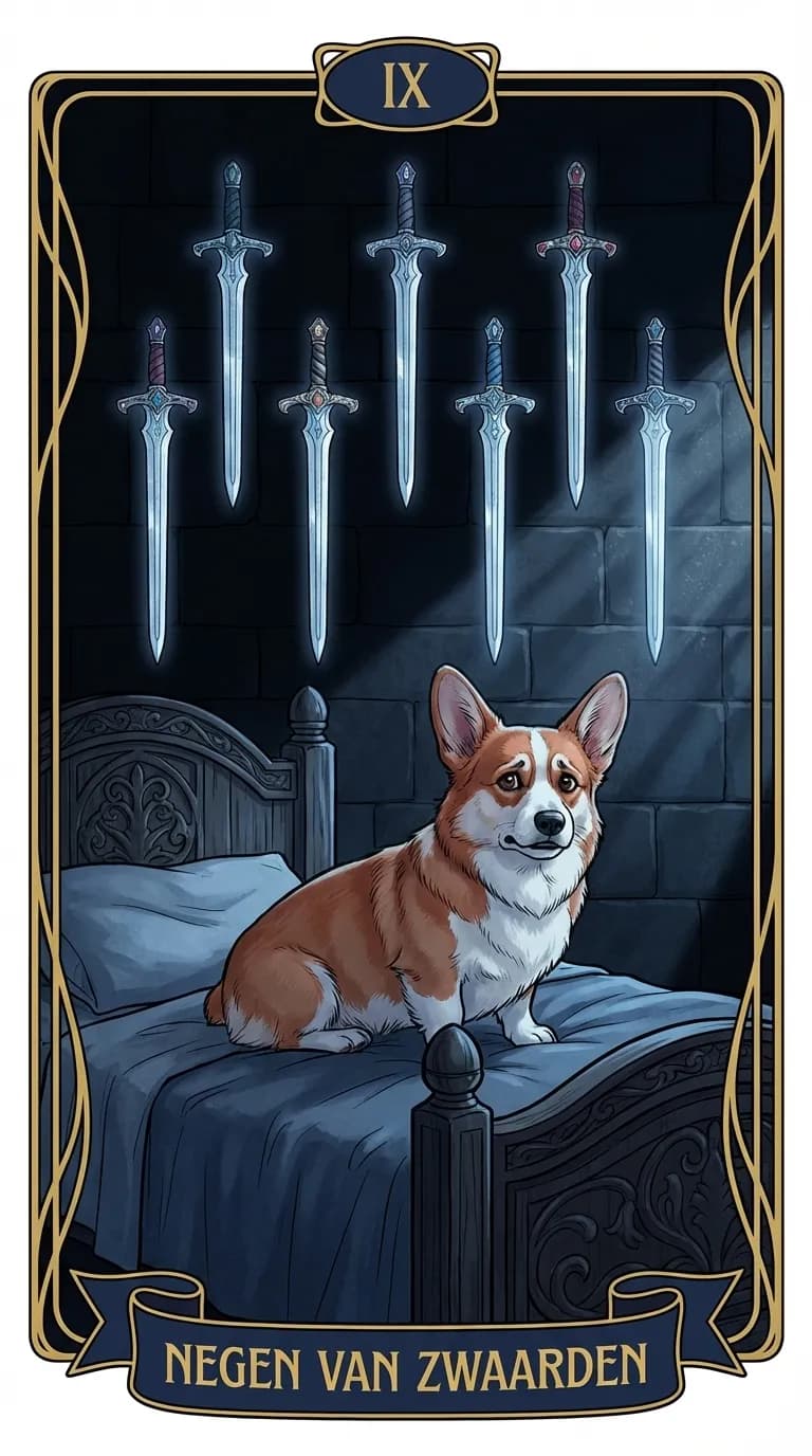Tarotkaart Negen van Zwaarden uit een gepersonaliseerd voorbeelddeck