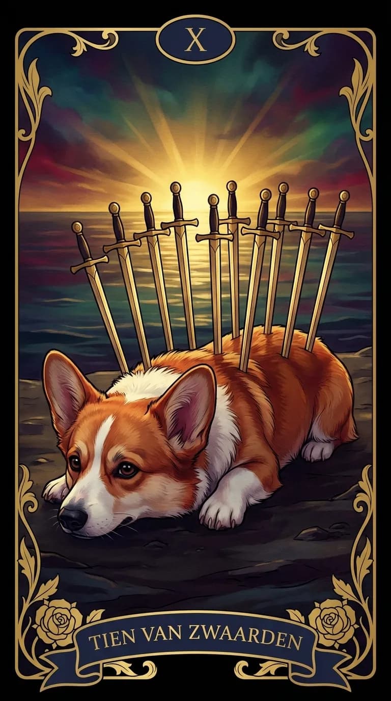 Tarotkaart Tien van Zwaarden uit een gepersonaliseerd voorbeelddeck