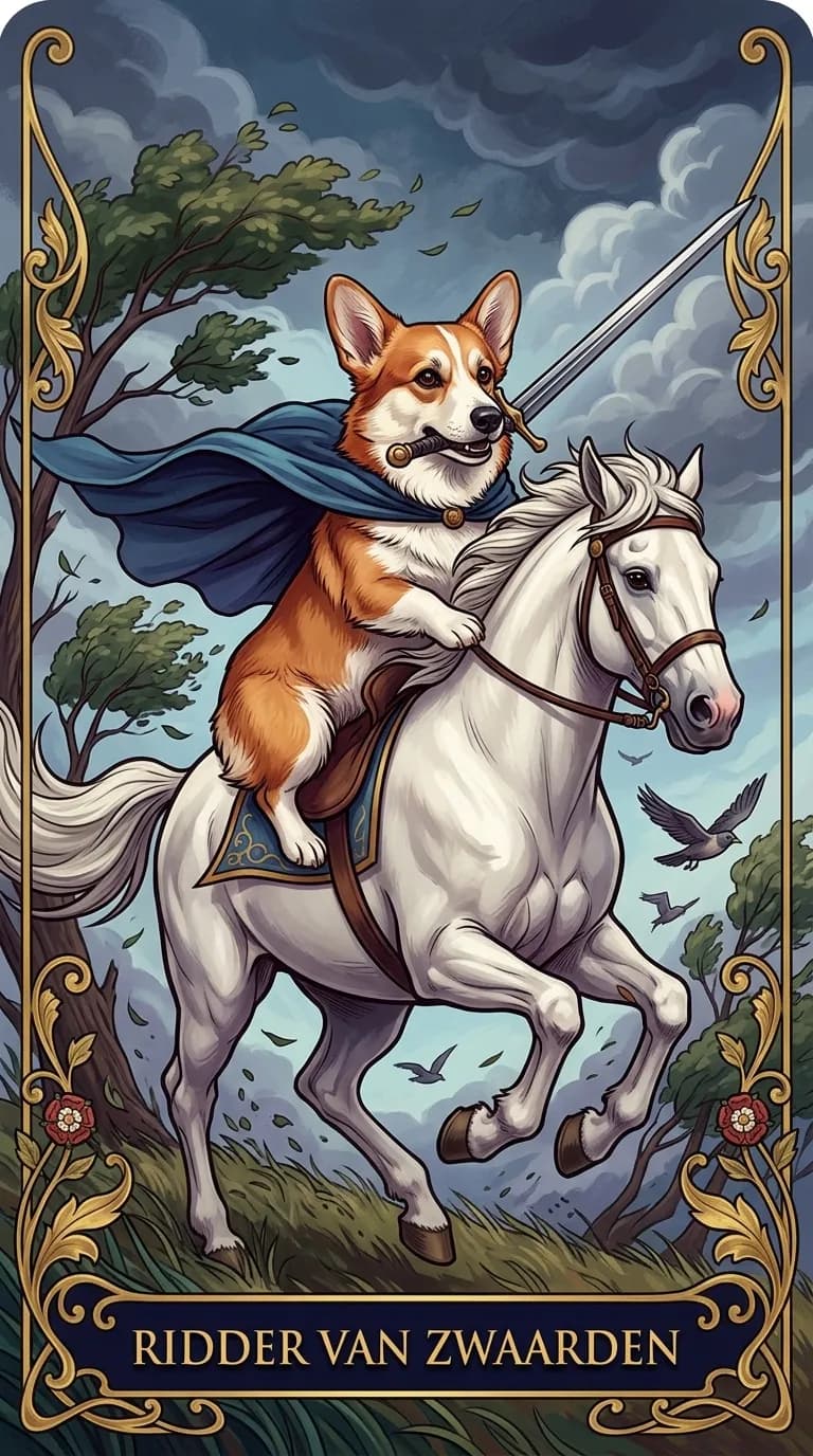 Tarotkaart Ridder van Zwaarden uit een gepersonaliseerd voorbeelddeck