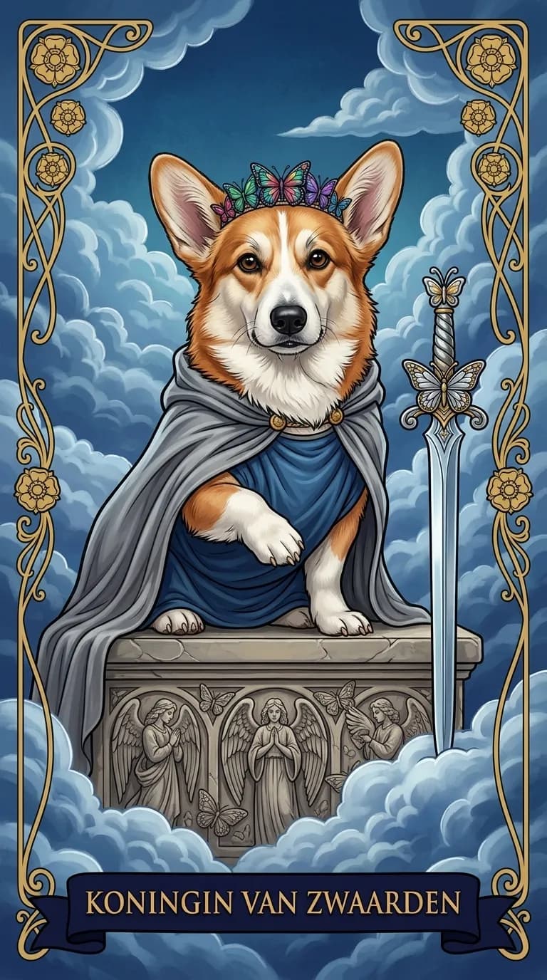 Tarotkaart Koningin van Zwaarden uit een gepersonaliseerd voorbeelddeck