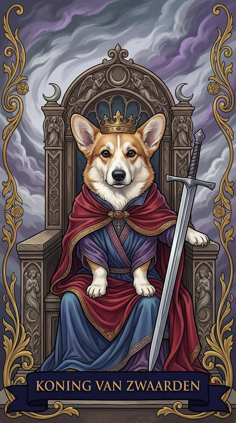 Tarotkaart Koning van Zwaarden uit een gepersonaliseerd voorbeelddeck