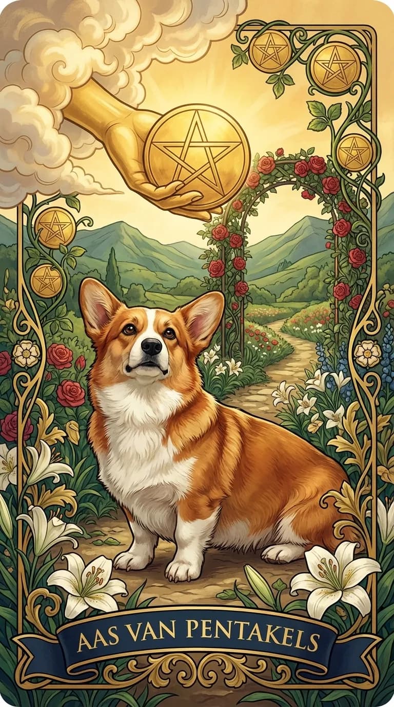 Tarotkaart Aas van Pentakels uit een gepersonaliseerd voorbeelddeck