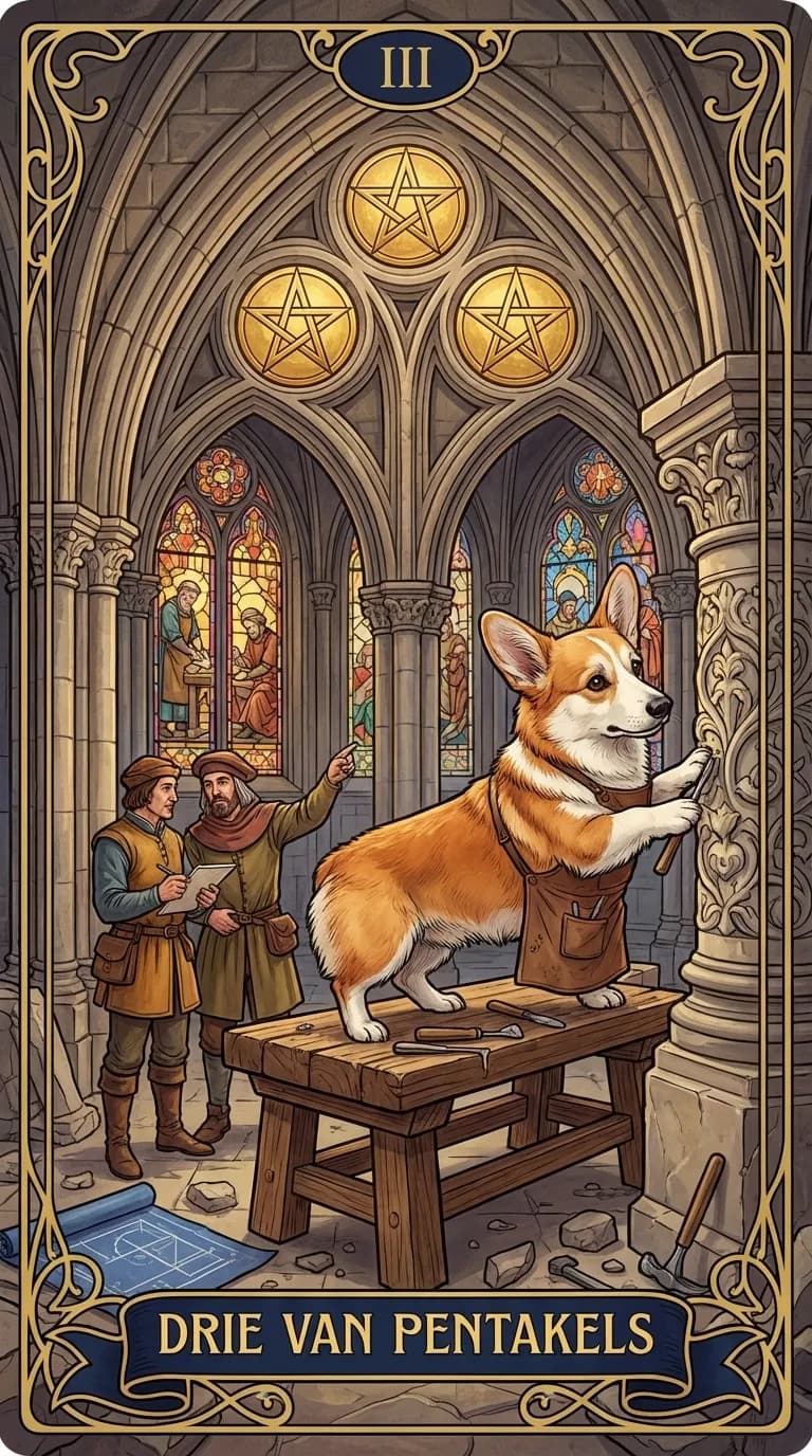 Tarotkaart Drie van Pentakels uit een gepersonaliseerd voorbeelddeck
