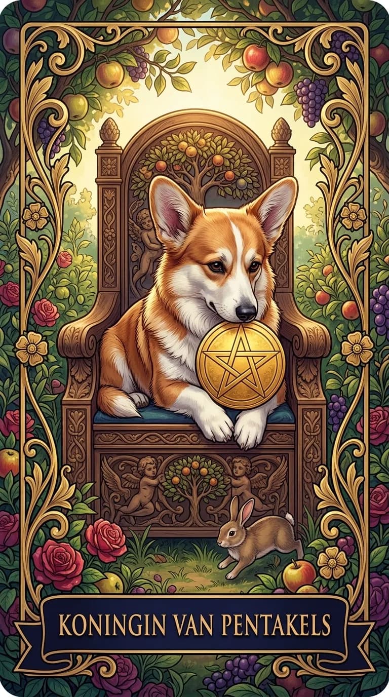 Tarotkaart Koningin van Pentakels uit een gepersonaliseerd voorbeelddeck