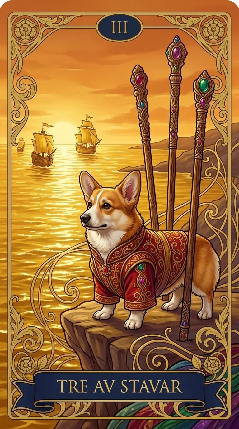 Tarotkortet Tre av Stavar från en personlig exempelkortlek