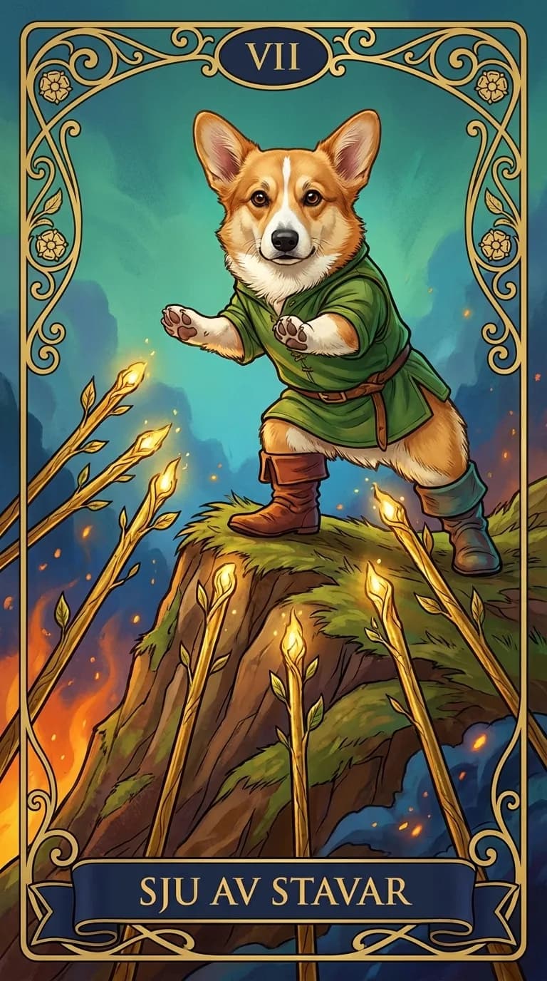 Tarotkortet Sju av Stavar från en personlig exempelkortlek