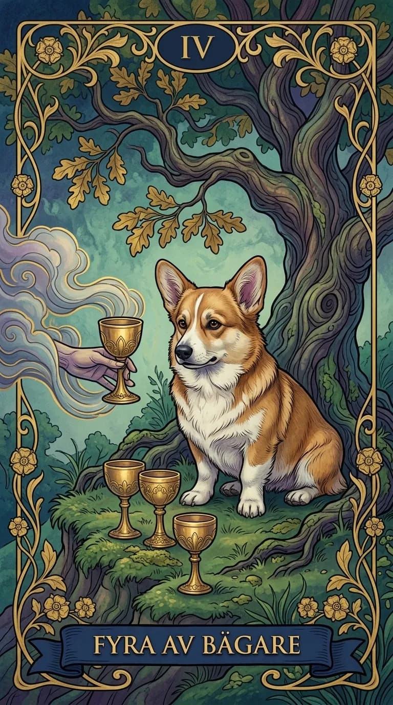 Tarotkortet Fyra av Bägare från en personlig exempelkortlek