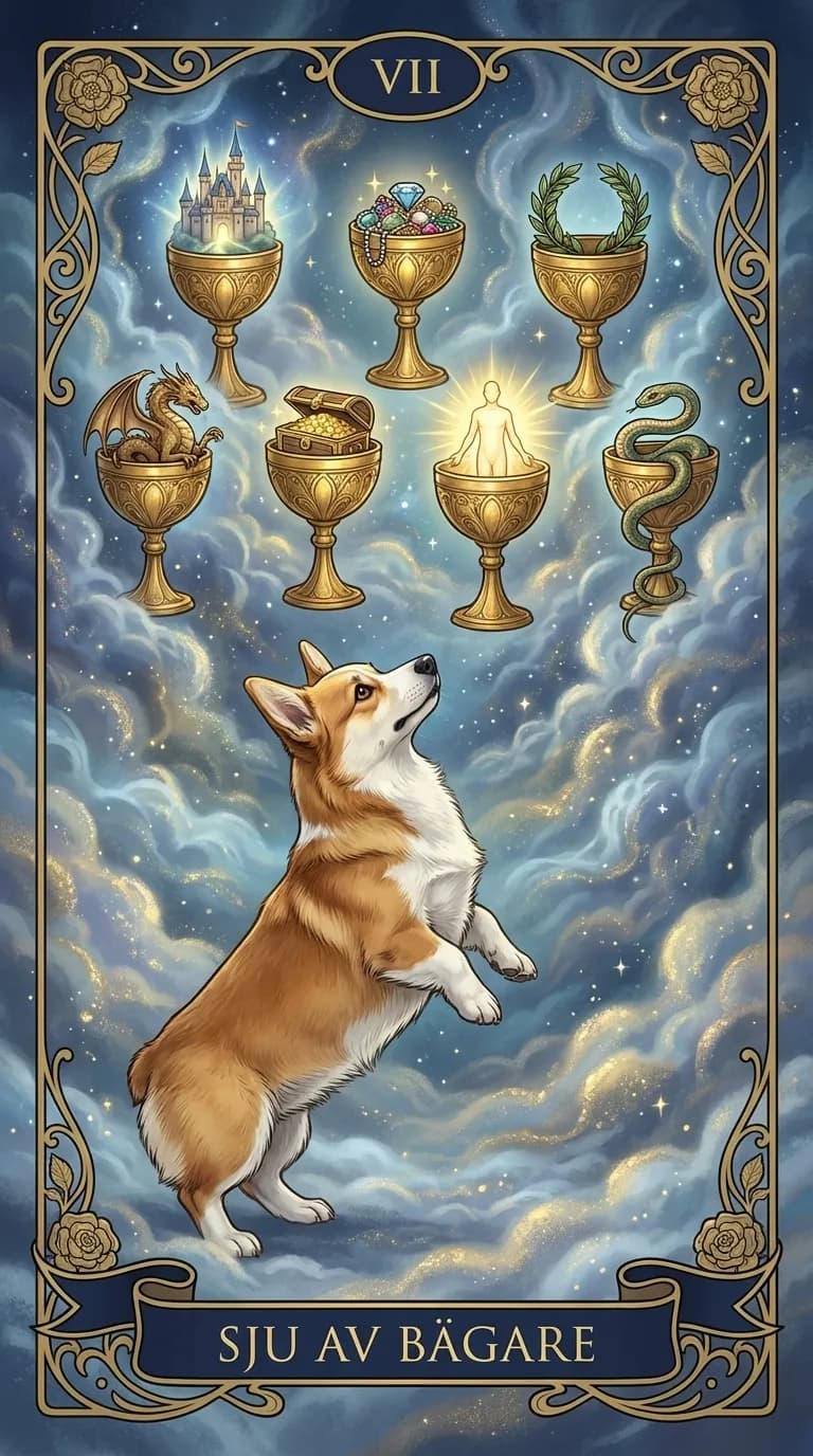 Tarotkortet Sju av Bägare från en personlig exempelkortlek