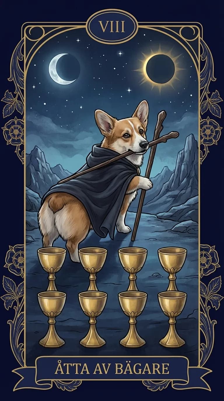 Tarotkortet Åtta av Bägare från en personlig exempelkortlek
