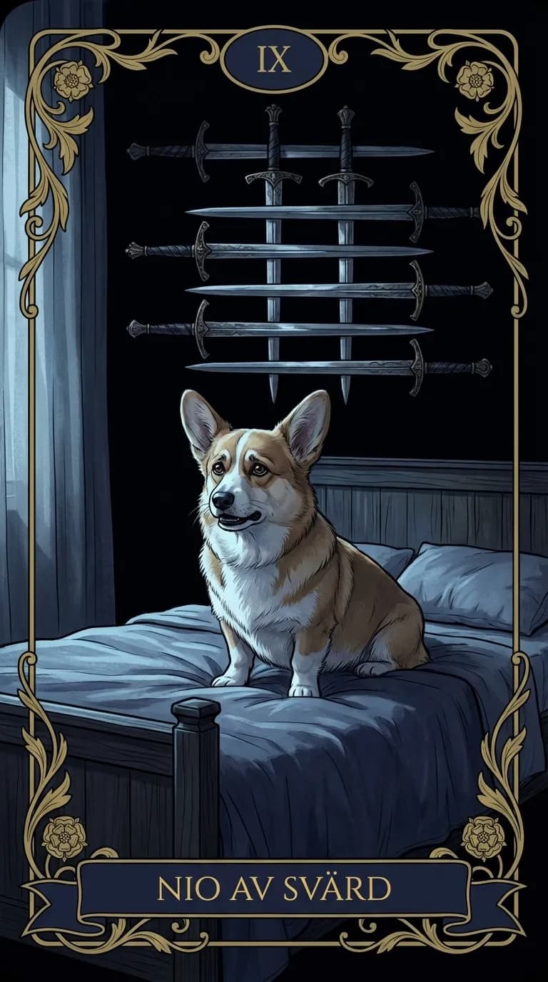 Tarotkortet Nio av Svärd från en personlig exempelkortlek