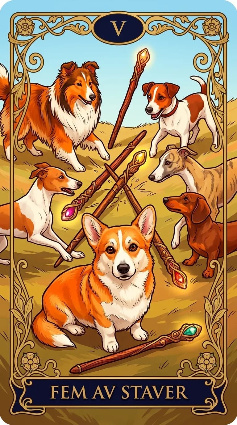 Tarotkortet Fem av Staver fra en personlig eksempelkortstokk