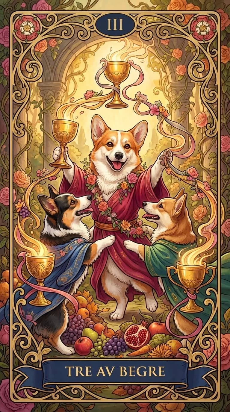 Tarotkortet Tre av Begre fra en personlig eksempelkortstokk