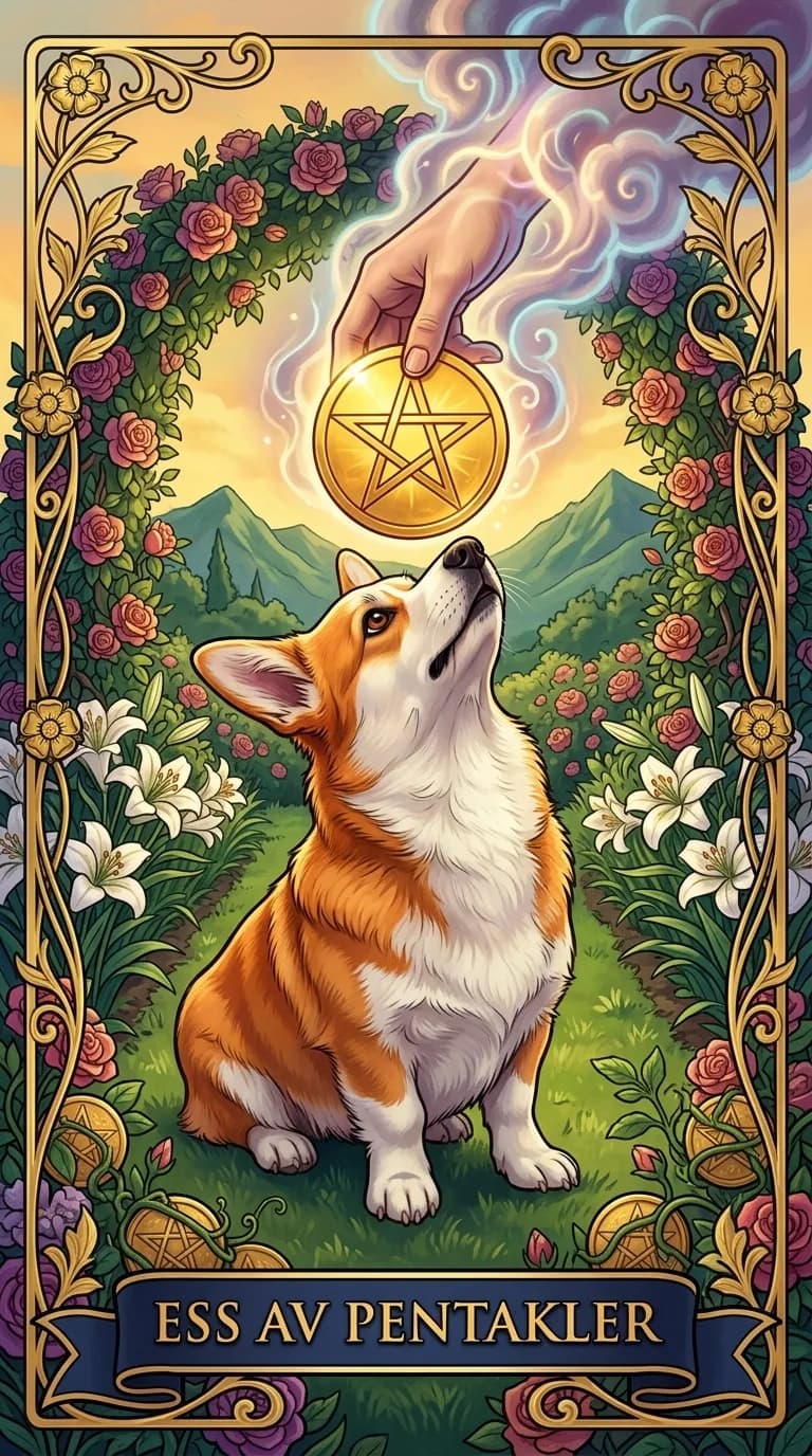 Tarotkortet Ess av Pentakler fra en personlig eksempelkortstokk