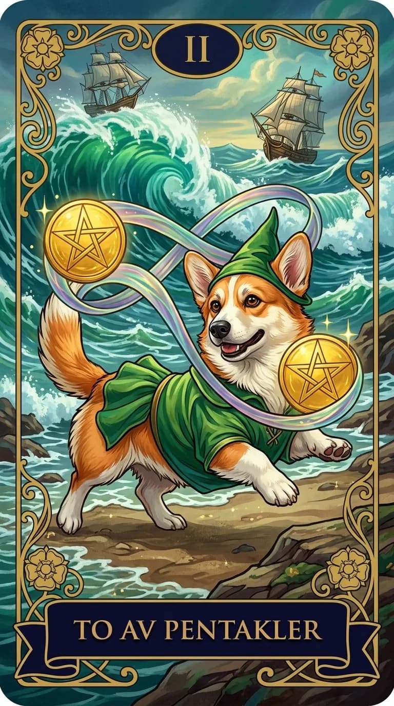 Tarotkortet To av Pentakler fra en personlig eksempelkortstokk