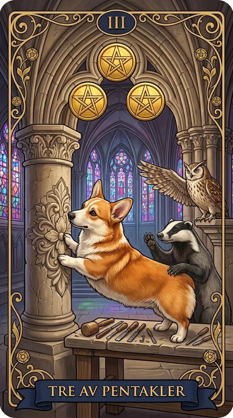 Tarotkortet Tre av Pentakler fra en personlig eksempelkortstokk