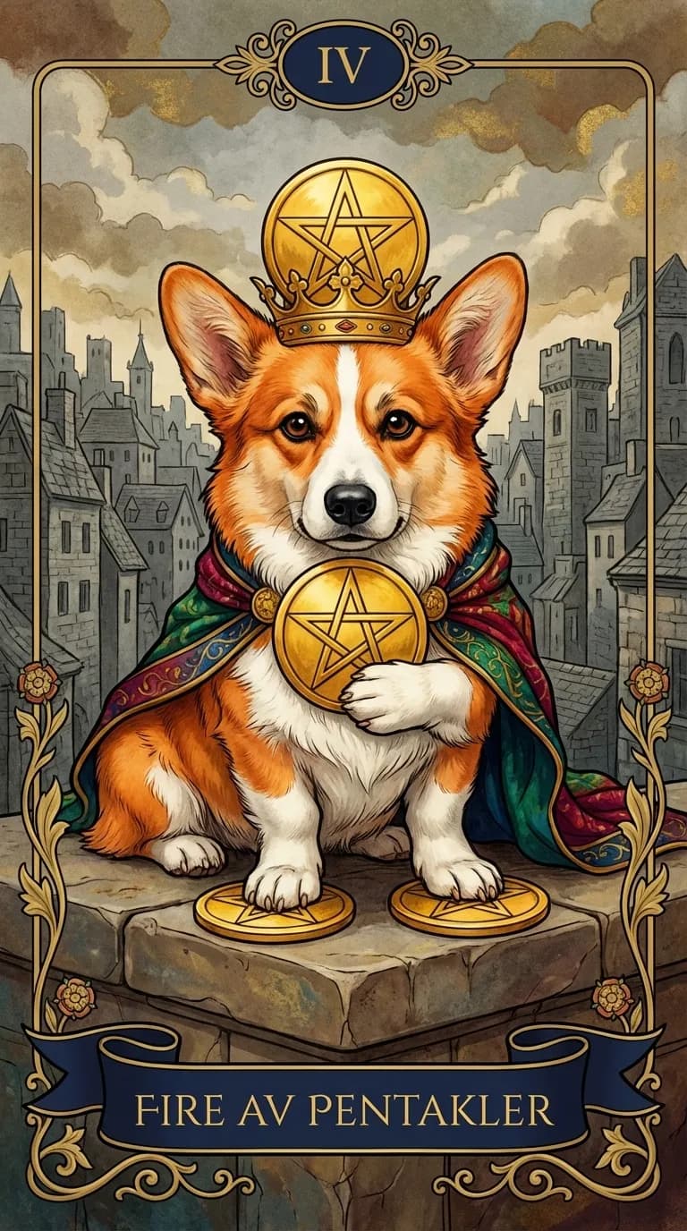 Tarotkortet Fire av Pentakler fra en personlig eksempelkortstokk