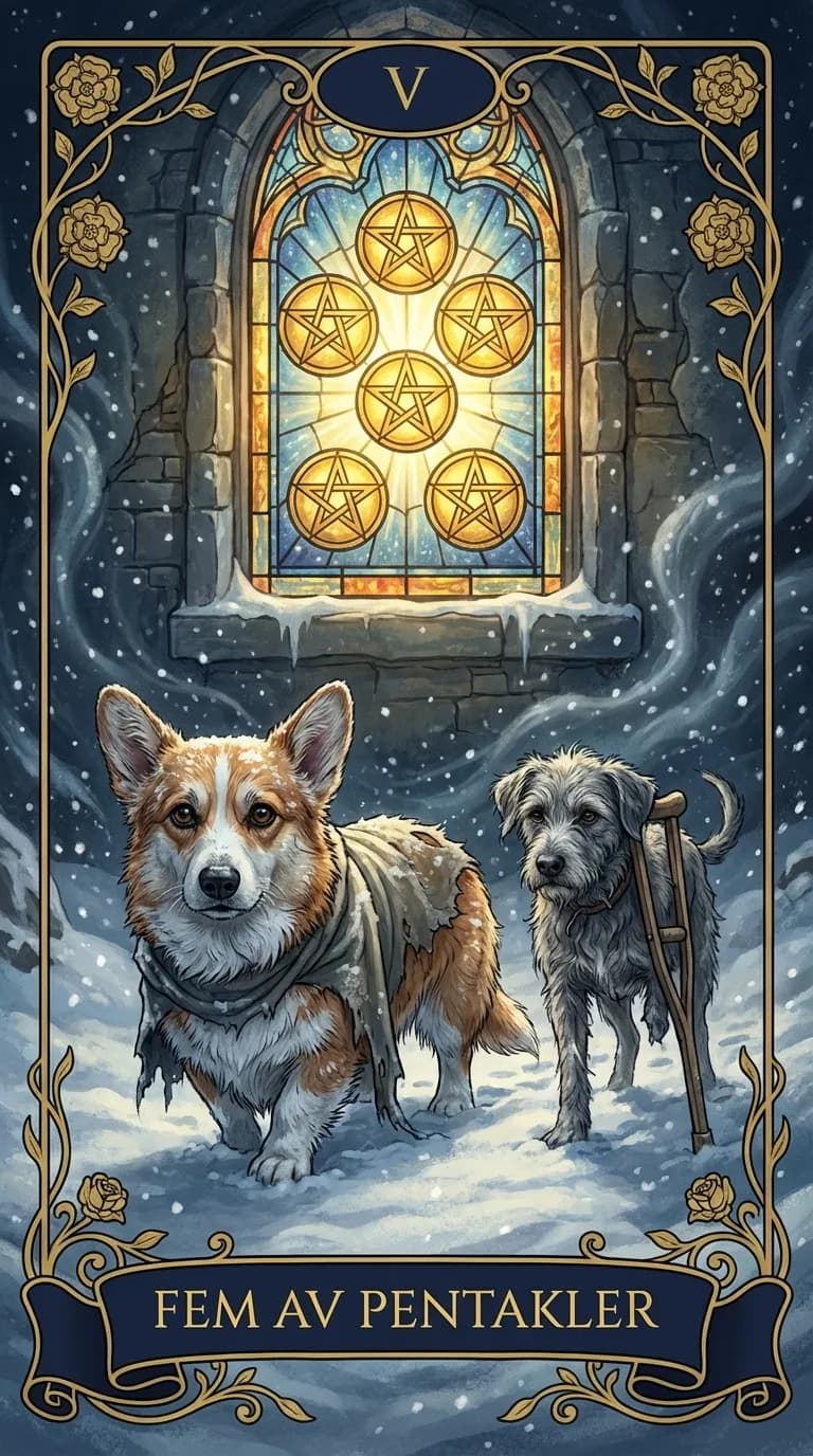 Tarotkortet Fem av Pentakler fra en personlig eksempelkortstokk