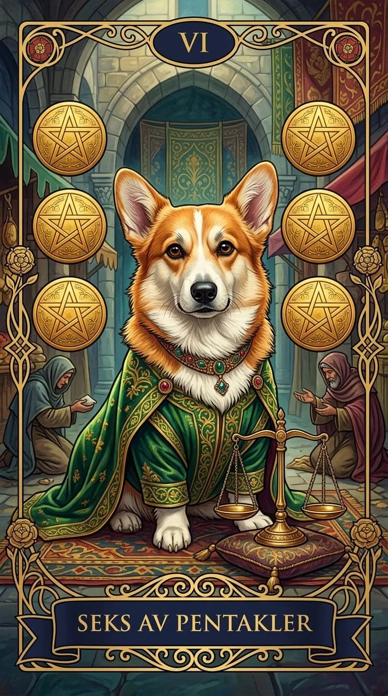 Tarotkortet Seks av Pentakler fra en personlig eksempelkortstokk